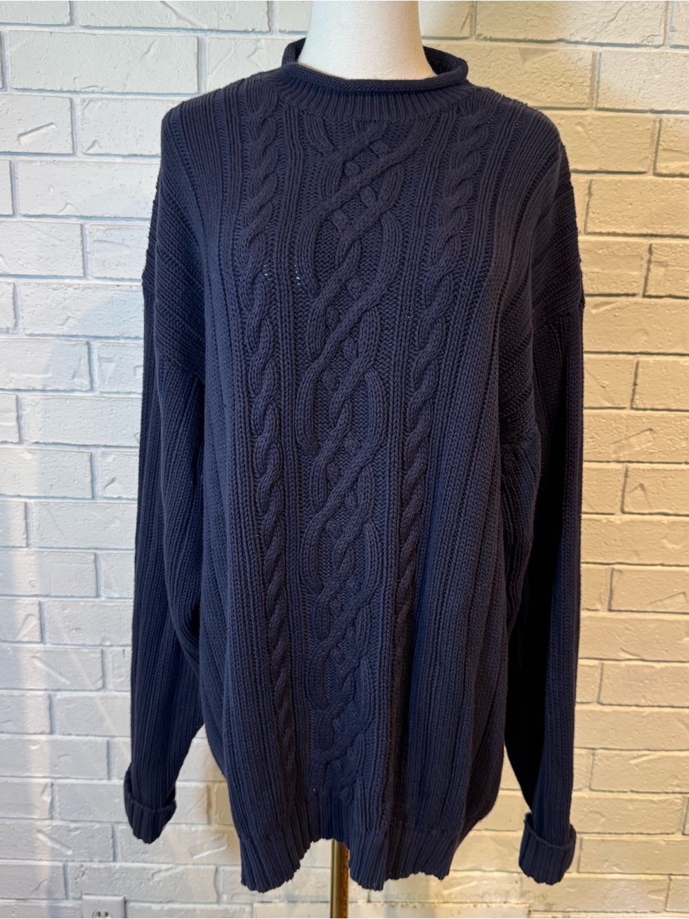 Vintage 90s Eddie Bauer 100% Cotton Navy Roll neck Cable Knit Sweater Unisex XL